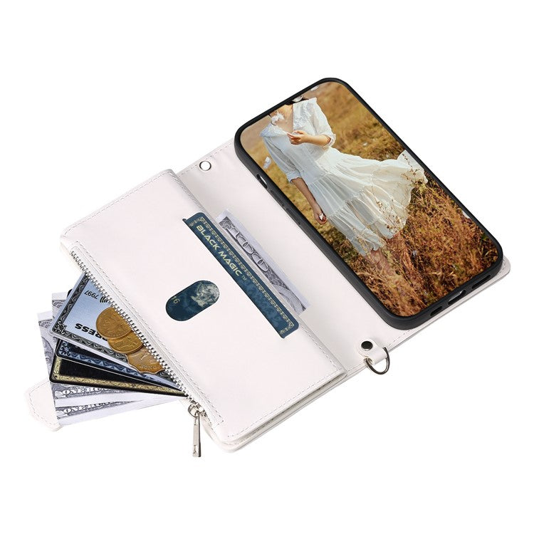 005 Style For Samsung Galaxy S21 FE 5G, Anti-scratch Zipper Pocket Phone Cover Rhombus Texture PU Leather Anti-fall Wallet Case Stand with Strap Card Holder - White