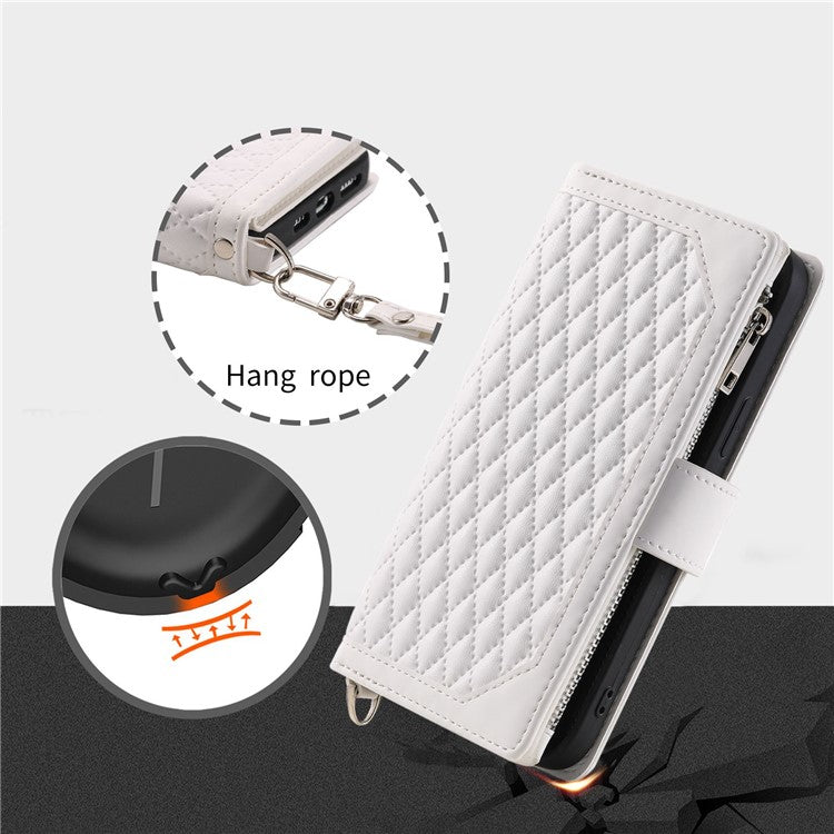 005 Style For Samsung Galaxy S21 FE 5G, Anti-scratch Zipper Pocket Phone Cover Rhombus Texture PU Leather Anti-fall Wallet Case Stand with Strap Card Holder - White