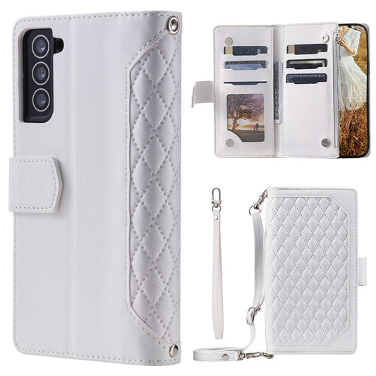 005 Style For Samsung Galaxy S22 5G, Anti-fall Rhombus Texture PU Leather Phone Case Zipper Pocket Wallet Stand Protective Phone Shell with Strap - White