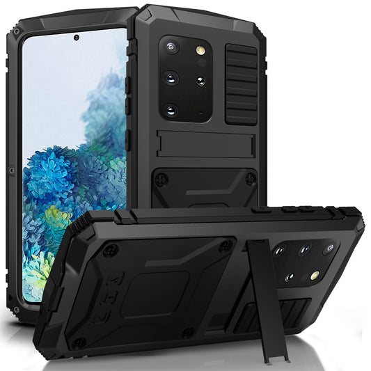 R-JUST For Samsung Galaxy S20 Plus 4G / 5G Dust-proof Splash-proof Drop-proof Phone Case Metal + Silicone + PC Kickstand Feature Cover with Tempered Glass Film - Black