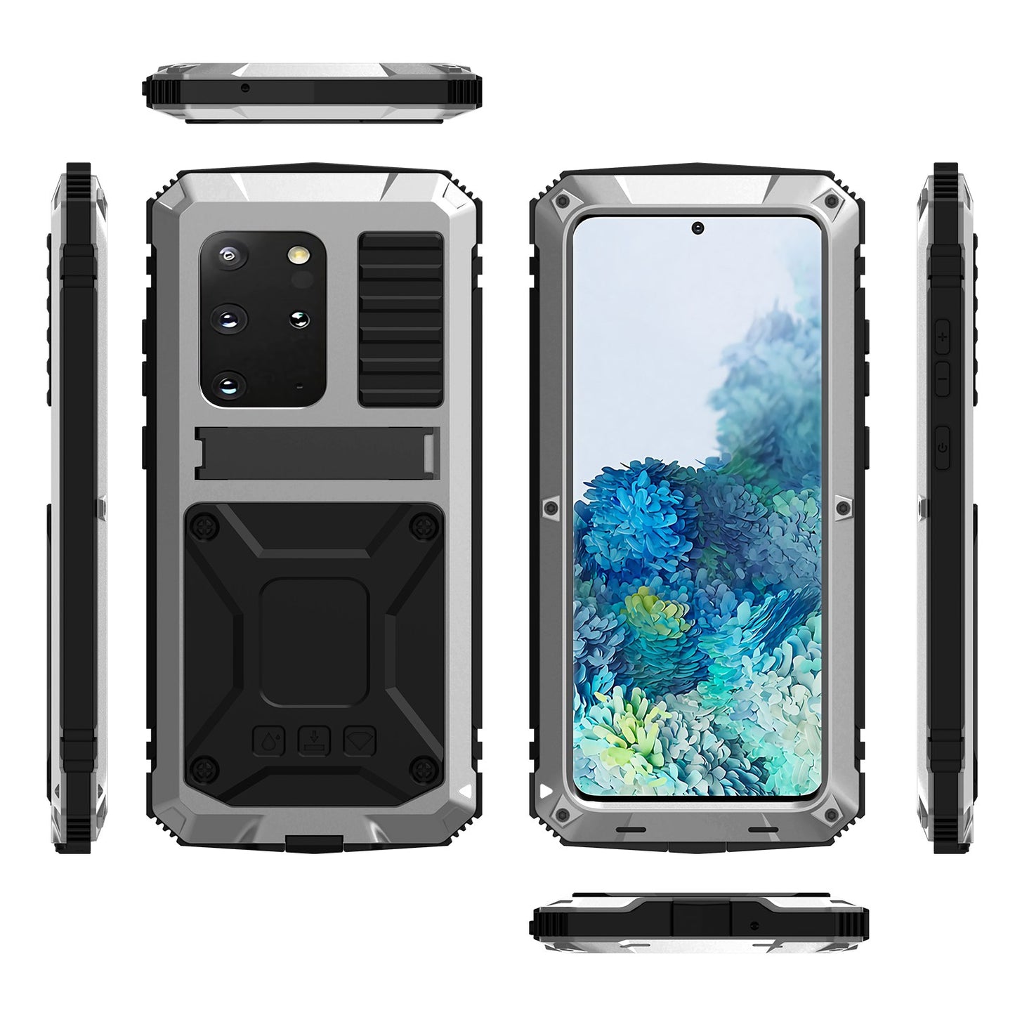 R-JUST For Samsung Galaxy S20 Plus 4G / 5G Dust-proof Splash-proof Drop-proof Phone Case Metal + Silicone + PC Kickstand Feature Cover with Tempered Glass Film - Silver