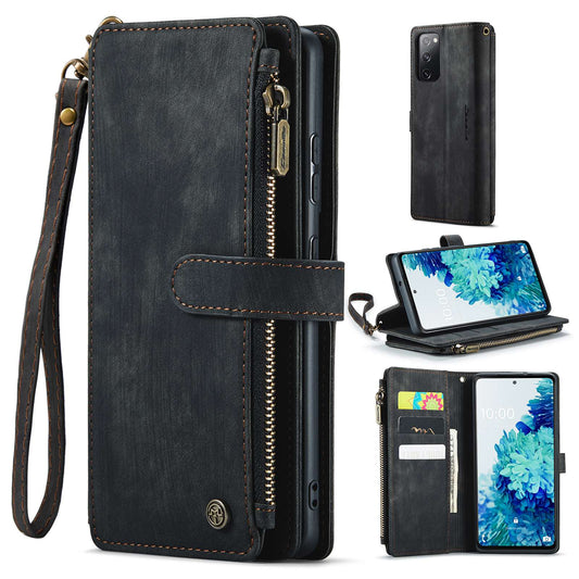 CASEME C30 Series Phone Wallet Case for Samsung Galaxy S20 FE 4G / 5G / S20 FE 2022 / S20 Lite, PU Leather Cover with Multiple Card Slots Zipper Pocket Phone Protective Shell - Black