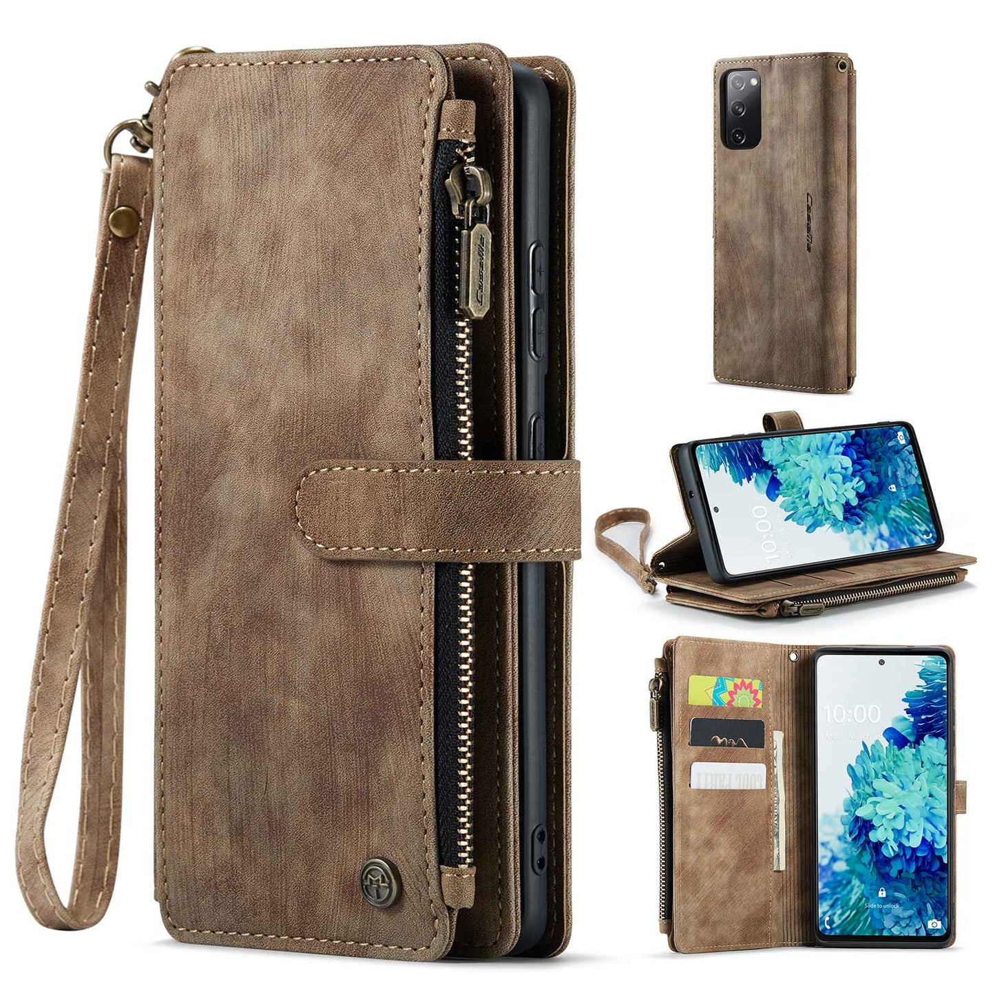 CASEME C30 Series Phone Wallet Case for Samsung Galaxy S20 FE 4G / 5G / S20 FE 2022 / S20 Lite, PU Leather Cover with Multiple Card Slots Zipper Pocket Phone Protective Shell - Brown