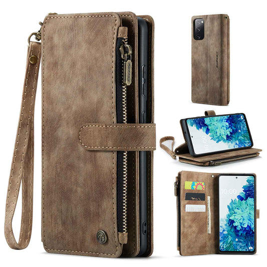 CASEME C30 Series Phone Wallet Case for Samsung Galaxy S20 FE 4G / 5G / S20 FE 2022 / S20 Lite, PU Leather Cover with Multiple Card Slots Zipper Pocket Phone Protective Shell - Brown