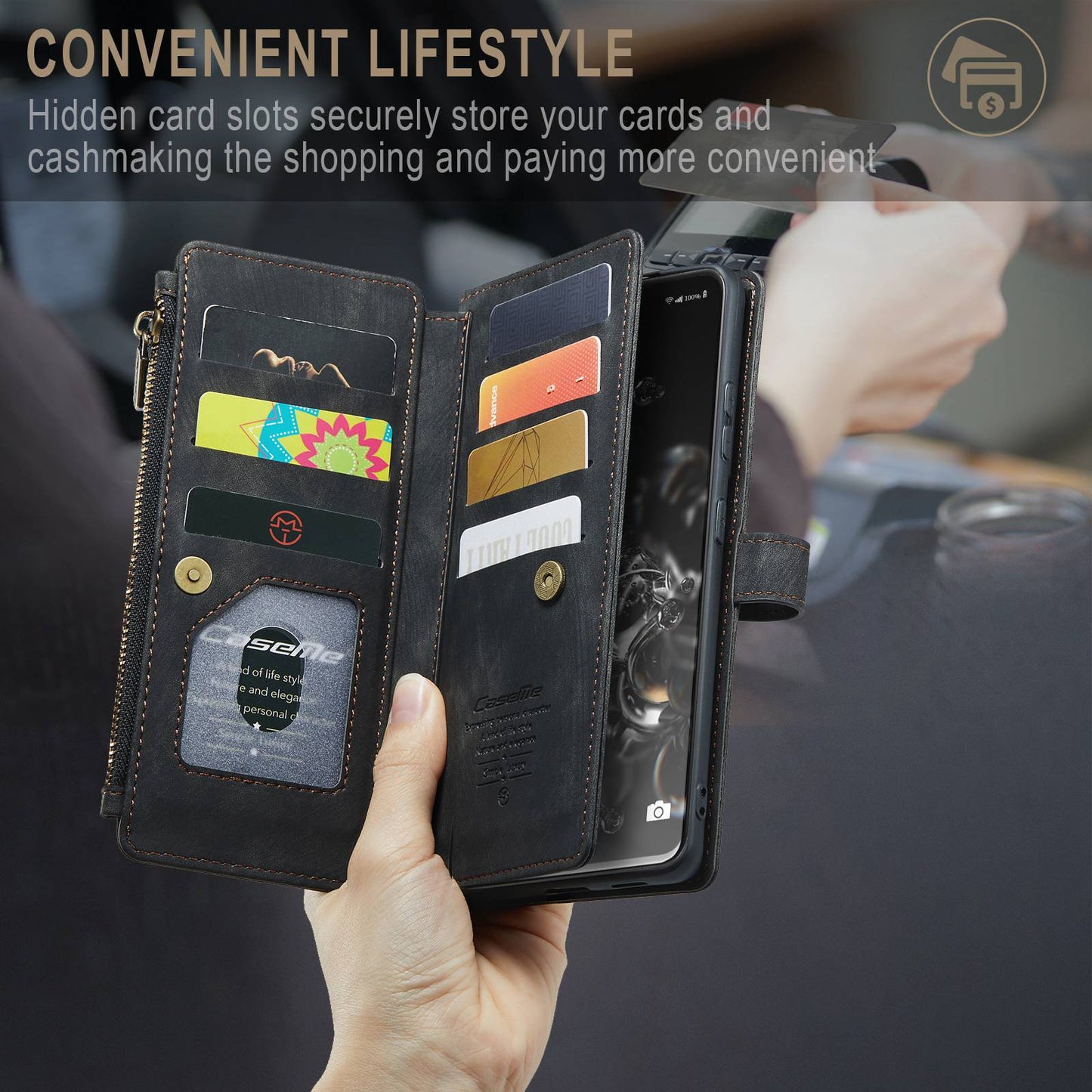CASEME C30 Series Phone Wallet Case for Samsung Galaxy S20 Ultra 4G / 5G, Shockproof PU Leathe Zipper Pocket Mobile Phone Shell with Strap Card Holder - Black
