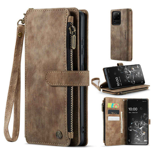 CASEME C30 Series Phone Wallet Case for Samsung Galaxy S20 Ultra 4G / 5G, Shockproof PU Leathe Zipper Pocket Mobile Phone Shell with Strap Card Holder - Brown