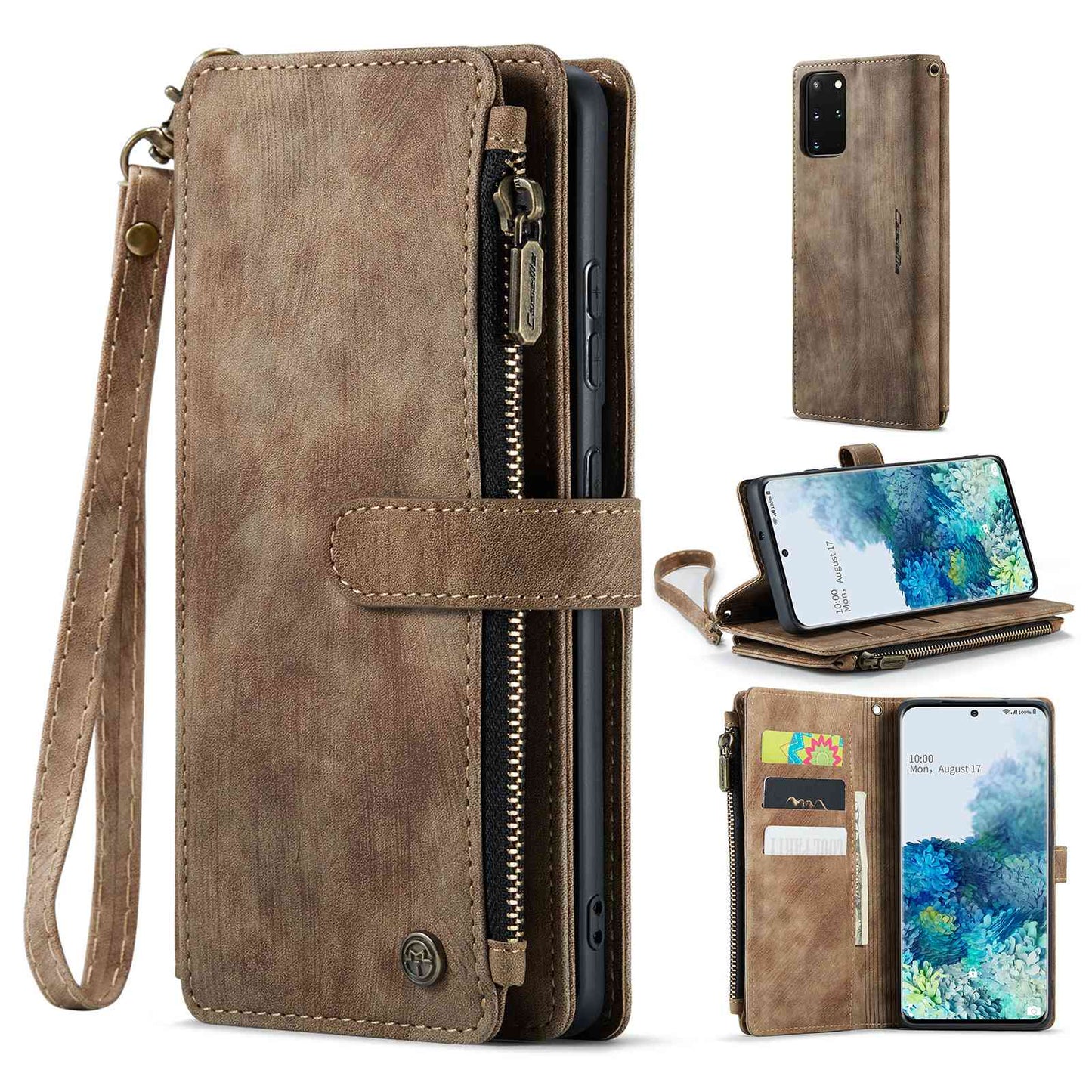 CASEME C30 Series Phone Case for Samsung Galaxy S20 Plus 4G / 5G, PU Leather Wallet Cover with Multiple Card Slots Wear-resistant Zipper Pocket Phone Shell - Brown