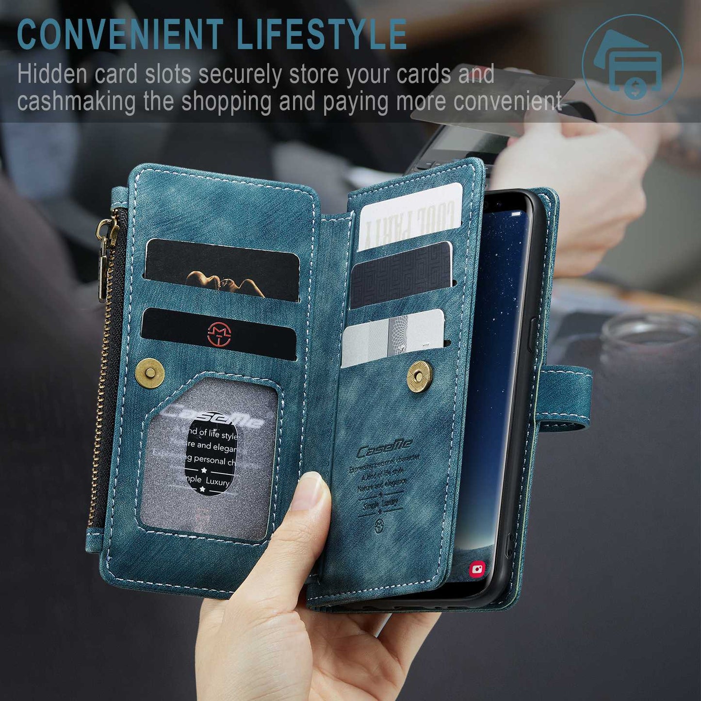 CASEME C30 Series Anti-drop Phone Case for Samsung Galaxy S20 4G / 5G, Wallet Stand PU Leather Zipper Pocket Phone Cover - Blue