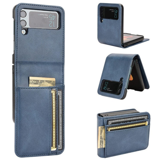 Wallet Phone Case for Samsung Galaxy Z Flip4 5G, PU Leather Cover Inner PC Folding Shell - Blue