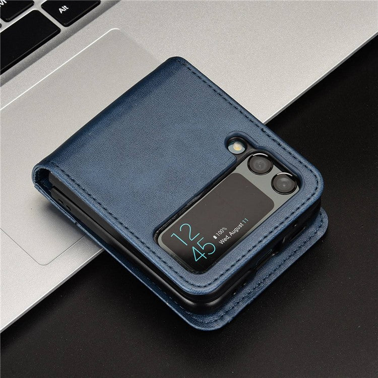 Wallet Phone Case for Samsung Galaxy Z Flip4 5G, PU Leather Cover Inner PC Folding Shell - Blue