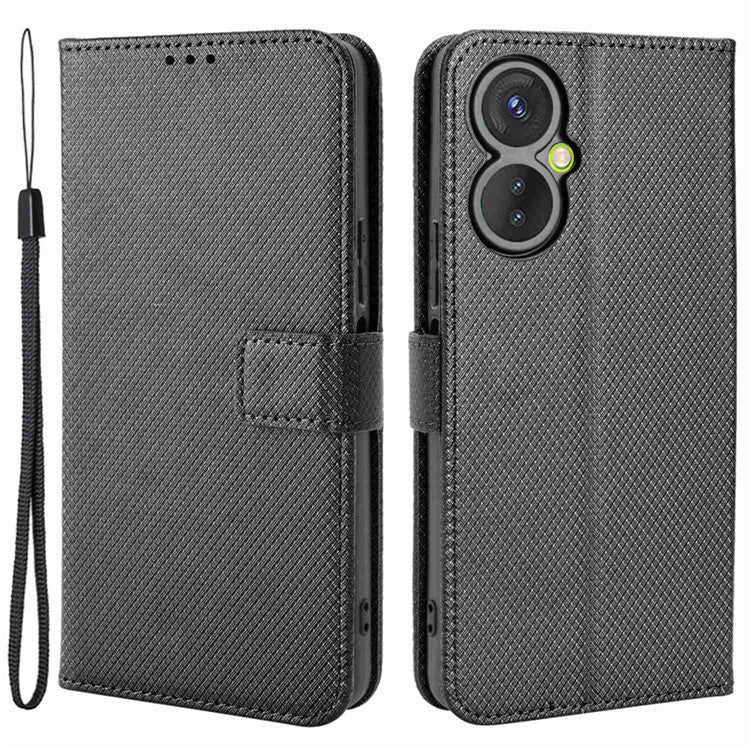 For TECNO Spark 9 Pro 4G (KH7) / Spark 9T 4G PU Leather Case Wallet Stand Diamond Texture Flip Case with Strap - Black