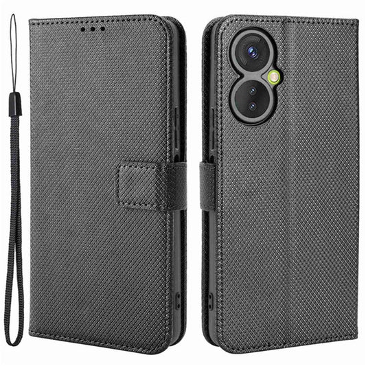 For TECNO Spark 9 Pro 4G (KH7) / Spark 9T 4G PU Leather Case Wallet Stand Diamond Texture Flip Case with Strap - Black