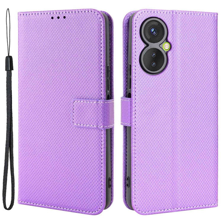 For TECNO Spark 9 Pro 4G (KH7) / Spark 9T 4G PU Leather Case Wallet Stand Diamond Texture Flip Case with Strap - Purple