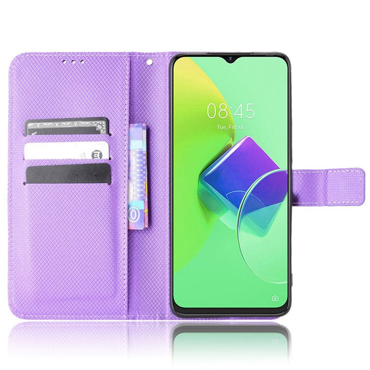 For TECNO Spark 9 Pro 4G (KH7) / Spark 9T 4G PU Leather Case Wallet Stand Diamond Texture Flip Case with Strap - Purple