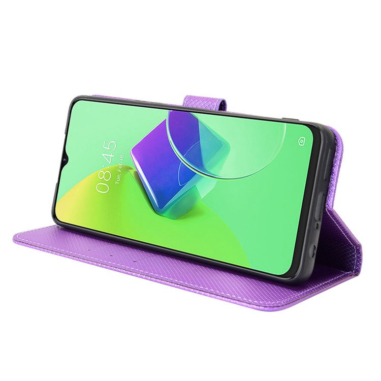 For TECNO Spark 9 Pro 4G (KH7) / Spark 9T 4G PU Leather Case Wallet Stand Diamond Texture Flip Case with Strap - Purple