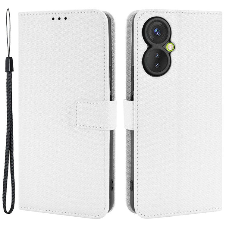 For TECNO Spark 9 Pro 4G (KH7) / Spark 9T 4G PU Leather Case Wallet Stand Diamond Texture Flip Case with Strap - White