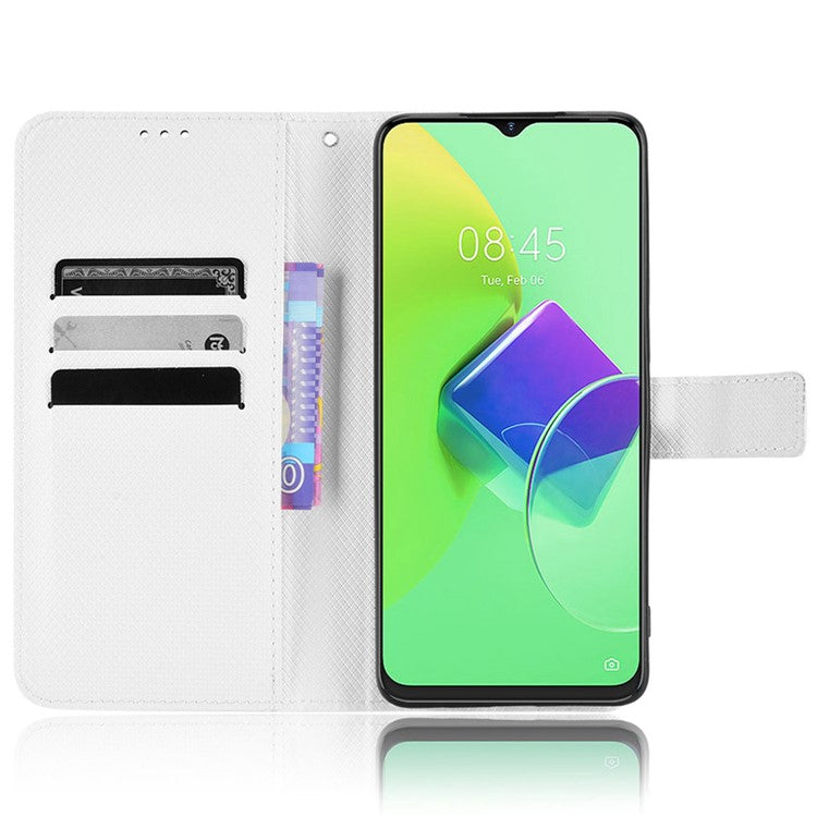 For TECNO Spark 9 Pro 4G (KH7) / Spark 9T 4G PU Leather Case Wallet Stand Diamond Texture Flip Case with Strap - White