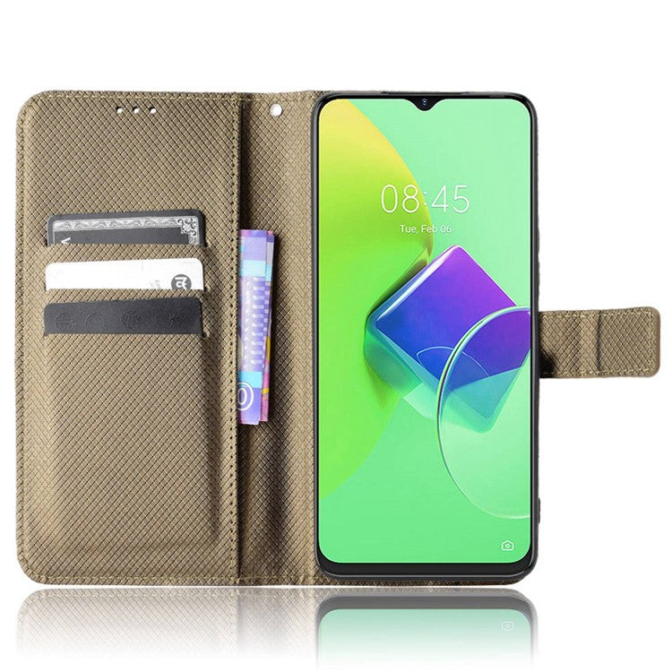 For TECNO Spark 9 Pro 4G (KH7) / Spark 9T 4G PU Leather Case Wallet Stand Diamond Texture Flip Case with Strap - Brown