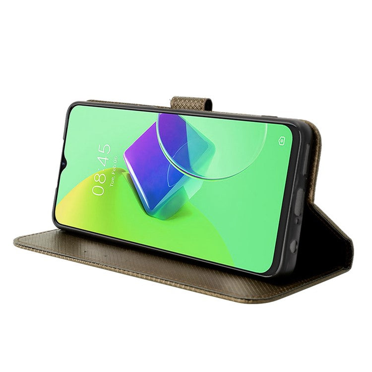 For TECNO Spark 9 Pro 4G (KH7) / Spark 9T 4G PU Leather Case Wallet Stand Diamond Texture Flip Case with Strap - Brown