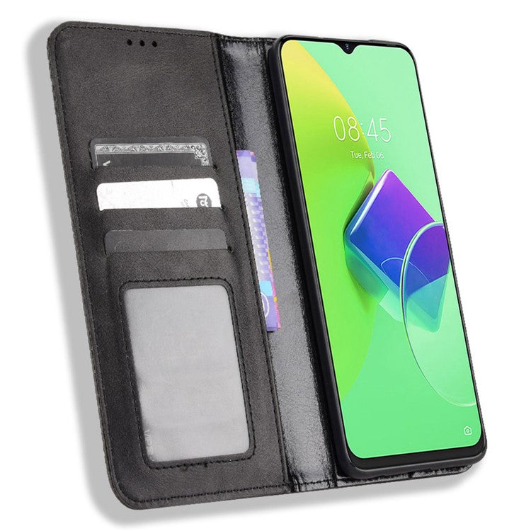 For TECNO Spark 9 Pro 4G (KH7) / Spark 9T 4G Retro PU Leather Cover Stand Flip Wallet Cover - Black
