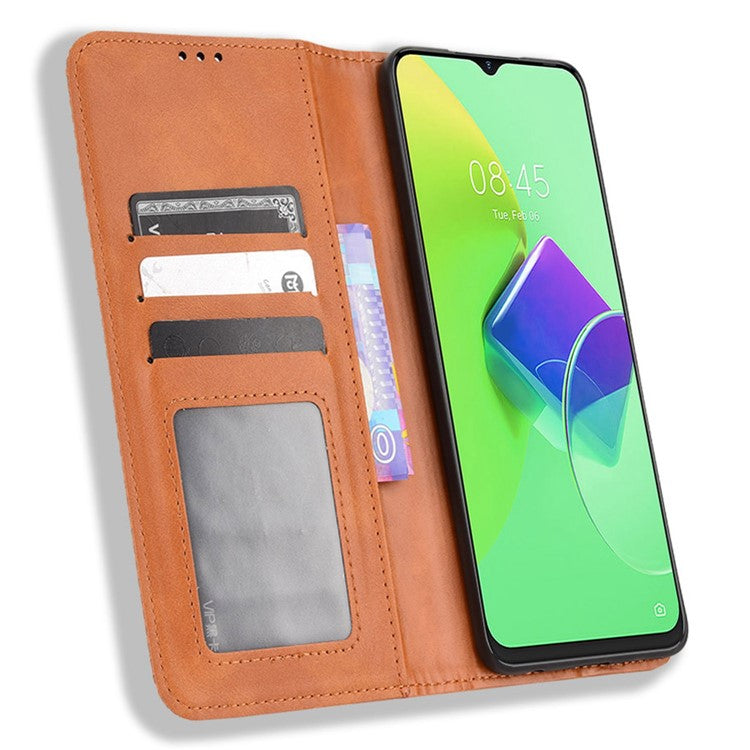 For TECNO Spark 9 Pro 4G (KH7) / Spark 9T 4G Retro PU Leather Cover Stand Flip Wallet Cover - Brown