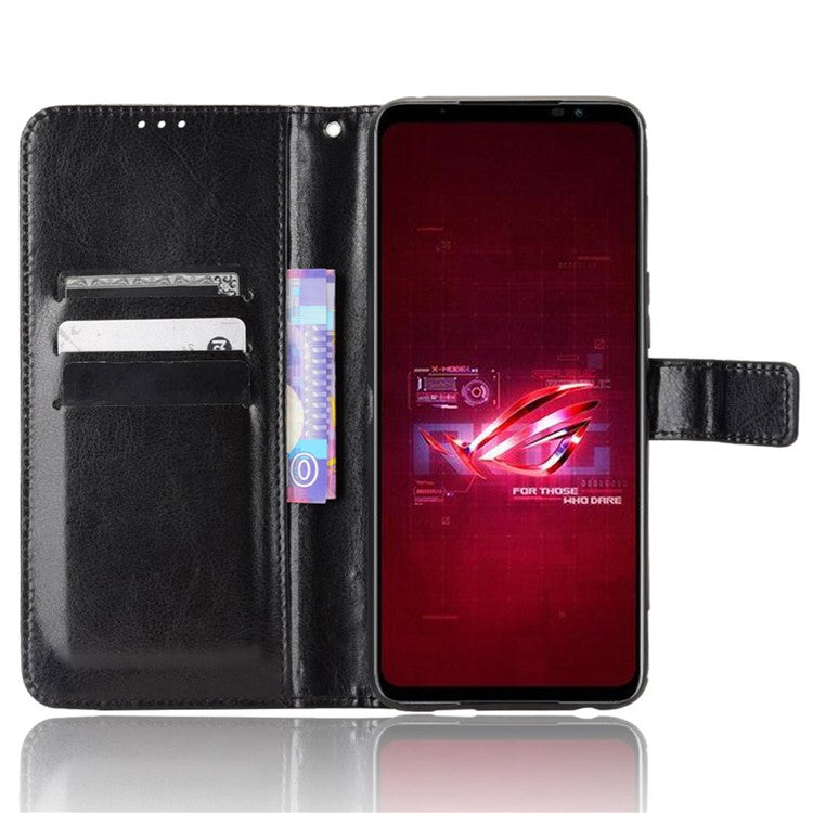 For Asus ROG Phone 6 5G / Phone 6 Pro 5G Crazy Horse Texture Wallet Case PU Leather Stand Wrist Strap Inner TPU Shockproof Flip Cover - Black