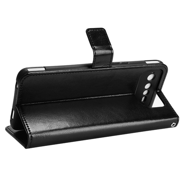 For Asus ROG Phone 6 5G / Phone 6 Pro 5G Crazy Horse Texture Wallet Case PU Leather Stand Wrist Strap Inner TPU Shockproof Flip Cover - Black
