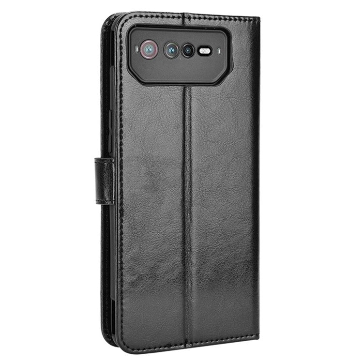 For Asus ROG Phone 6 5G / Phone 6 Pro 5G Crazy Horse Texture Wallet Case PU Leather Stand Wrist Strap Inner TPU Shockproof Flip Cover - Black