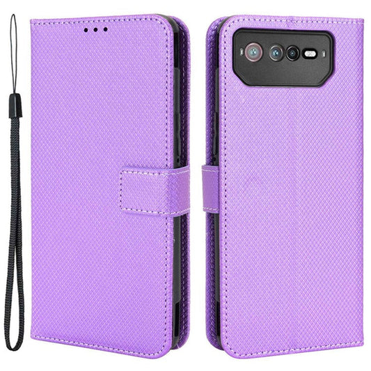 For Asus ROG Phone 6 5G / Phone 6 Pro 5G Diamond Texture Magnetic Closure Handbag PU Leather Stand Flip Wallet Case with Strap - Purple