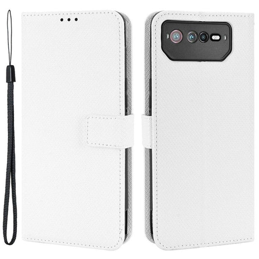 For Asus ROG Phone 6 5G / Phone 6 Pro 5G Diamond Texture Magnetic Closure Handbag PU Leather Stand Flip Wallet Case with Strap - White