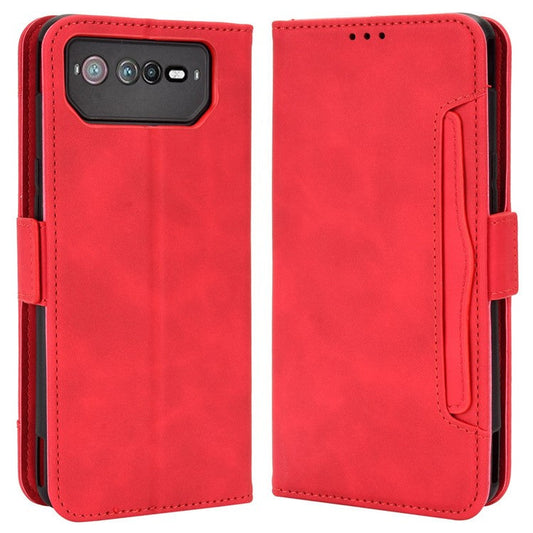 For Asus ROG Phone 6 5G / Phone 6 Pro 5G PU Leather Flip Folio Case Stand Function Multiple Card Slots Wallet Phone Cover - Red