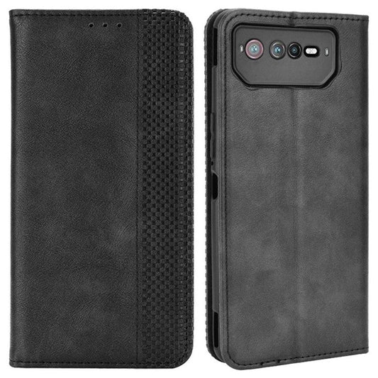 For Asus ROG Phone 6 5G / Phone 6 Pro 5G Retro Texture PU Leather Magnetic Auto Closing Case Full Inclusive Protective Wallet Stand Cover - Black