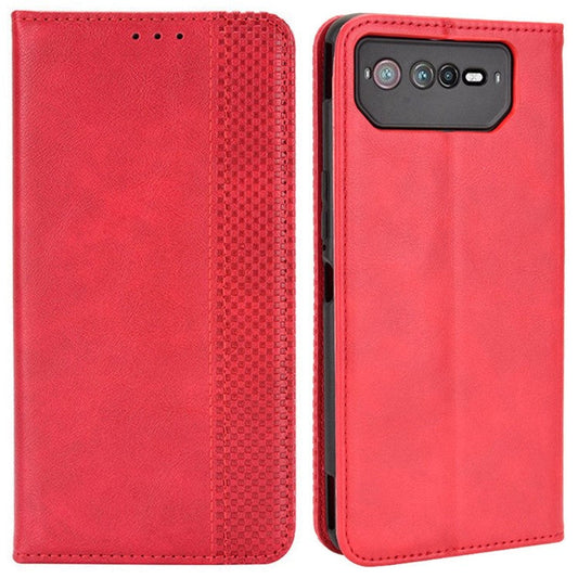 For Asus ROG Phone 6 5G / Phone 6 Pro 5G Retro Texture PU Leather Magnetic Auto Closing Case Full Inclusive Protective Wallet Stand Cover - Red