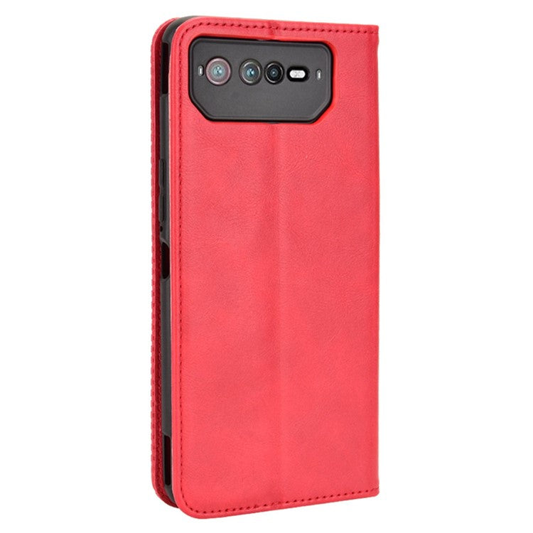 For Asus ROG Phone 6 5G / Phone 6 Pro 5G Retro Texture PU Leather Magnetic Auto Closing Case Full Inclusive Protective Wallet Stand Cover - Red