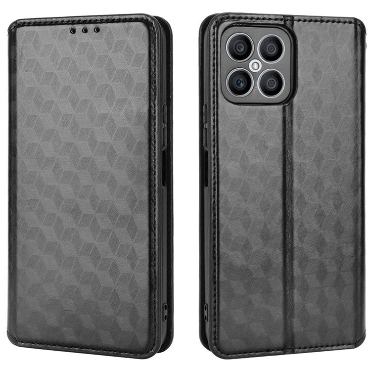 For Honor X8 4G / X30i Magnetic Auto-absorbed PU Leather Case Imprinting Rhombus Pattern Phone Wallet Stand Cover - Black