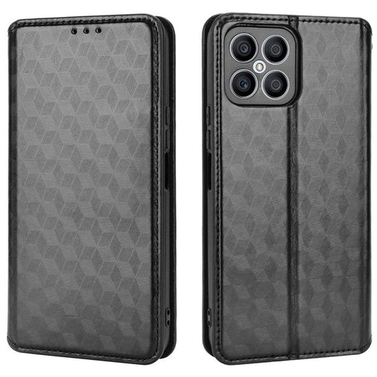 For Honor X8 4G / X30i Magnetic Auto-absorbed PU Leather Case Imprinting Rhombus Pattern Phone Wallet Stand Cover - Black