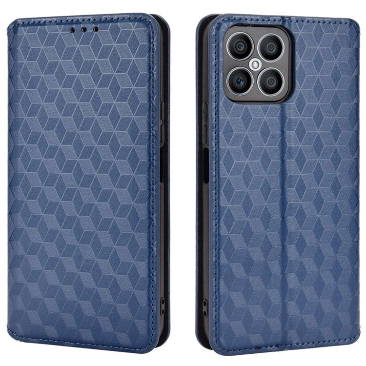 For Honor X8 4G / X30i Magnetic Auto-absorbed PU Leather Case Imprinting Rhombus Pattern Phone Wallet Stand Cover - Blue