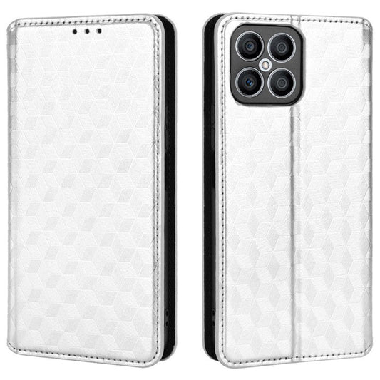 For Honor X8 4G / X30i Magnetic Auto-absorbed PU Leather Case Imprinting Rhombus Pattern Phone Wallet Stand Cover - Silver