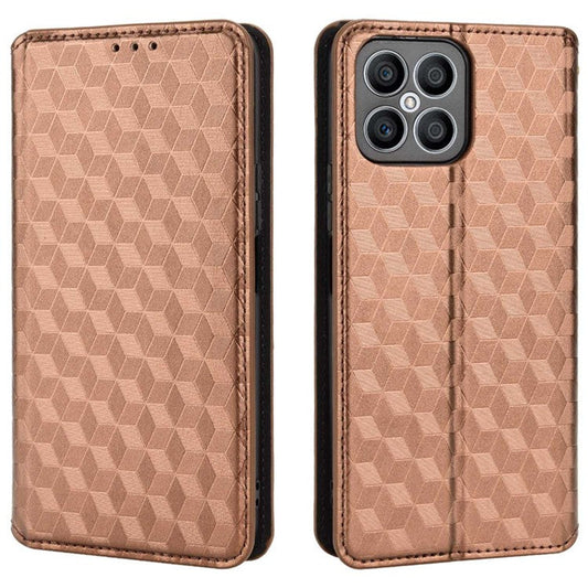 For Honor X8 4G / X30i Magnetic Auto-absorbed PU Leather Case Imprinting Rhombus Pattern Phone Wallet Stand Cover - Brown