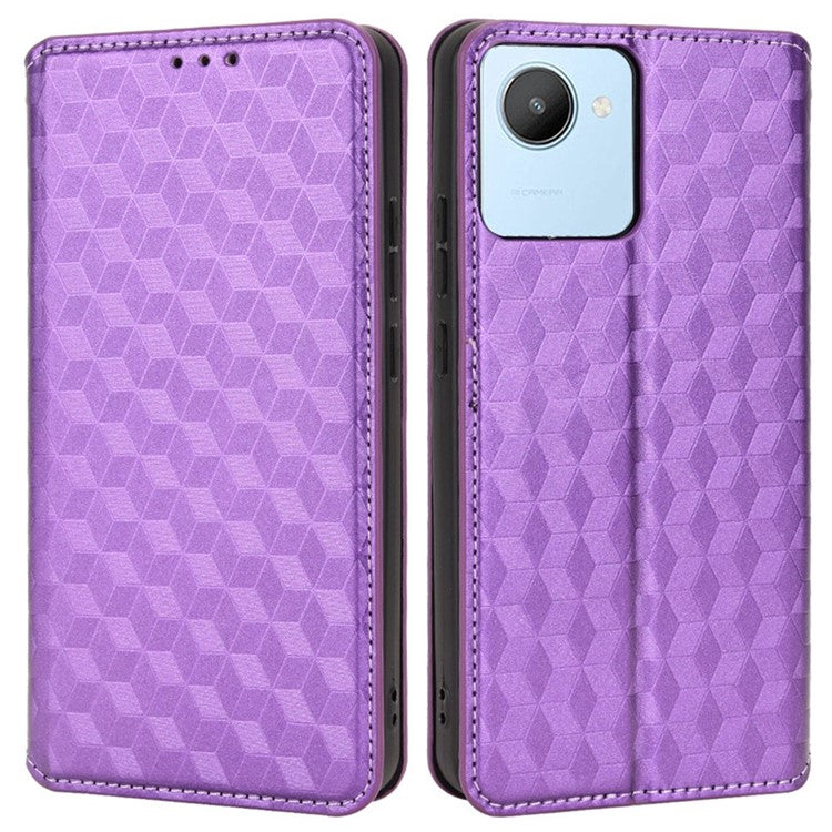 For Realme C30 4G Magnetic Auto-absorbed Stand Wallet Phone Case PU Leather Imprinting Rhombus Pattern Inner TPU Cover - Purple