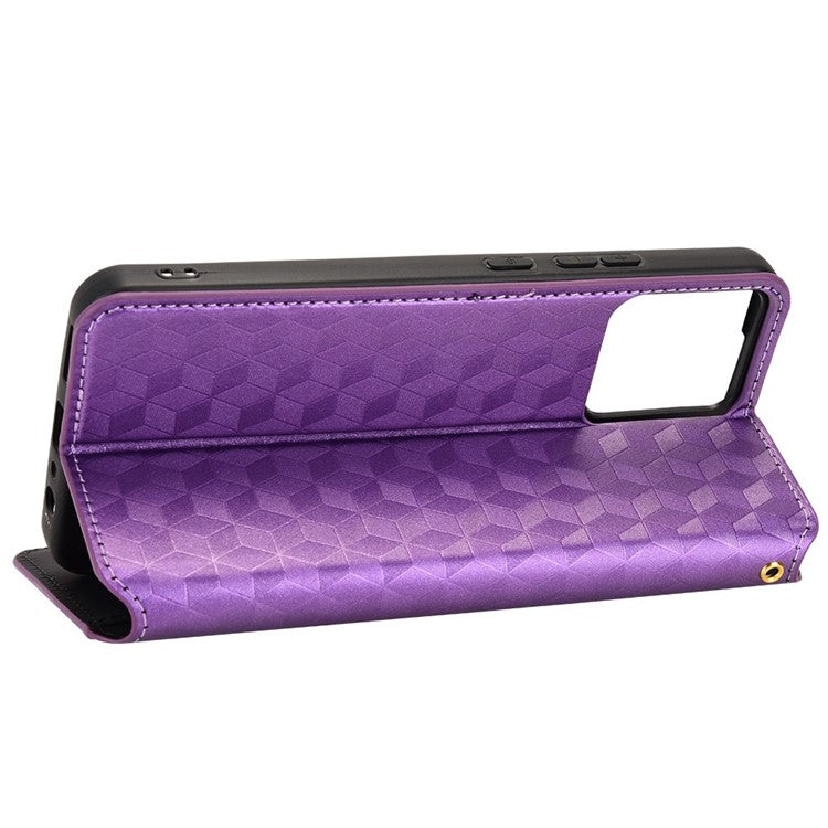 For Realme C30 4G Magnetic Auto-absorbed Stand Wallet Phone Case PU Leather Imprinting Rhombus Pattern Inner TPU Cover - Purple