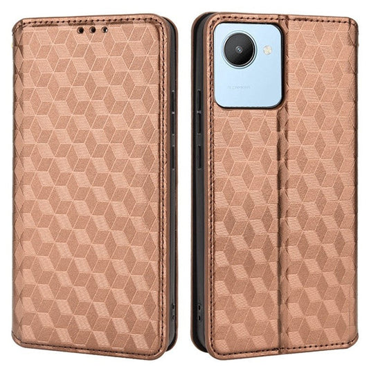 For Realme C30 4G Magnetic Auto-absorbed Stand Wallet Phone Case PU Leather Imprinting Rhombus Pattern Inner TPU Cover - Brown