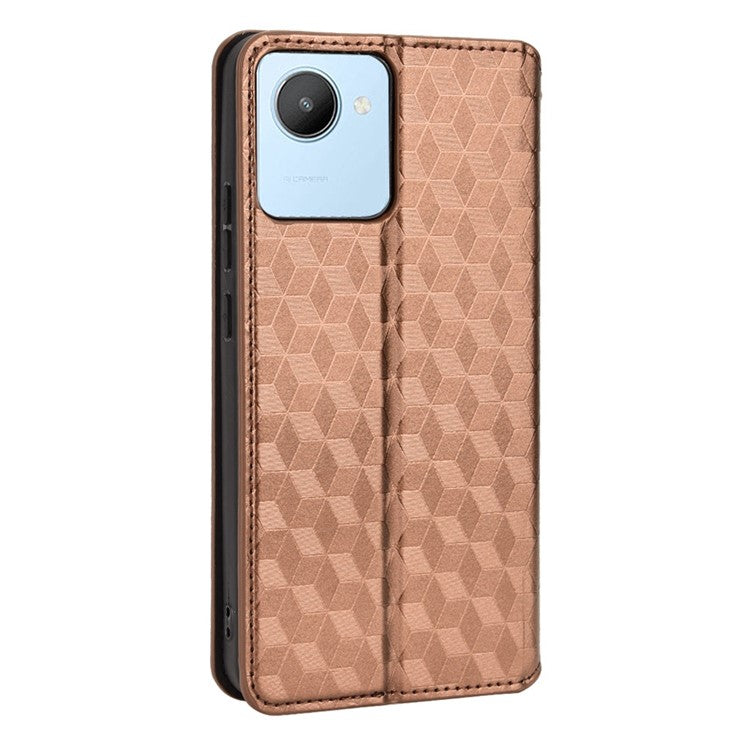 For Realme C30 4G Magnetic Auto-absorbed Stand Wallet Phone Case PU Leather Imprinting Rhombus Pattern Inner TPU Cover - Brown