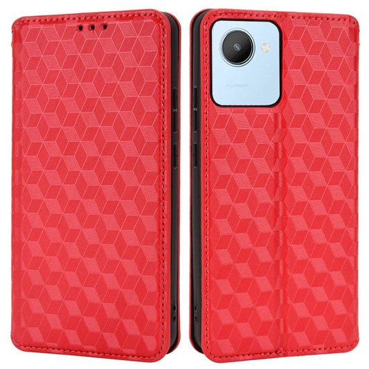For Realme C30 4G Magnetic Auto-absorbed Stand Wallet Phone Case PU Leather Imprinting Rhombus Pattern Inner TPU Cover - Red