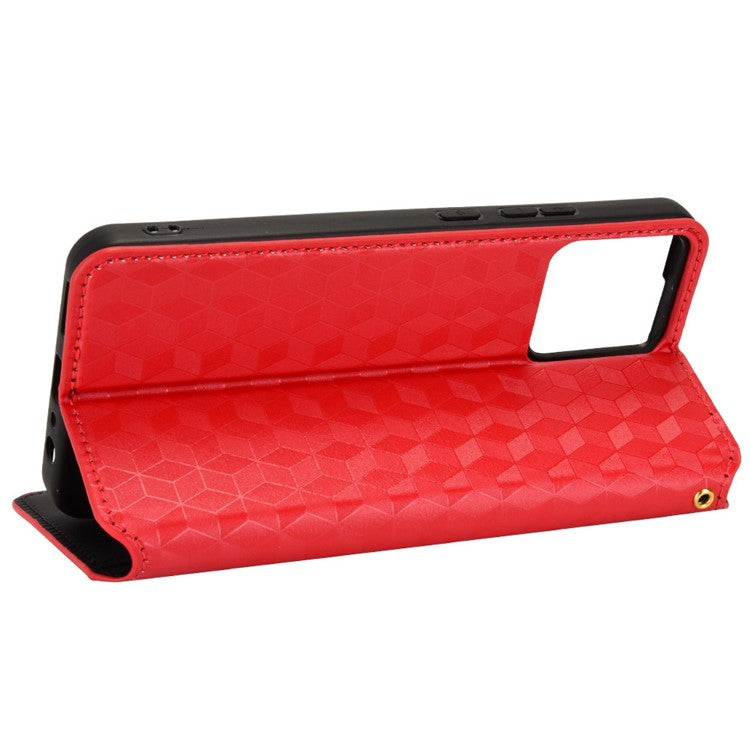 For Realme C30 4G Magnetic Auto-absorbed Stand Wallet Phone Case PU Leather Imprinting Rhombus Pattern Inner TPU Cover - Red
