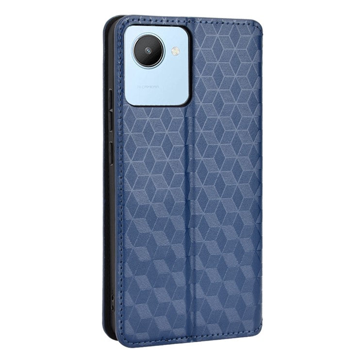 For Realme C30 4G Magnetic Auto-absorbed Stand Wallet Phone Case PU Leather Imprinting Rhombus Pattern Inner TPU Cover - Blue