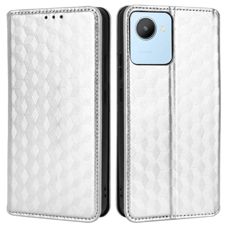 For Realme C30 4G Magnetic Auto-absorbed Stand Wallet Phone Case PU Leather Imprinting Rhombus Pattern Inner TPU Cover - Silver
