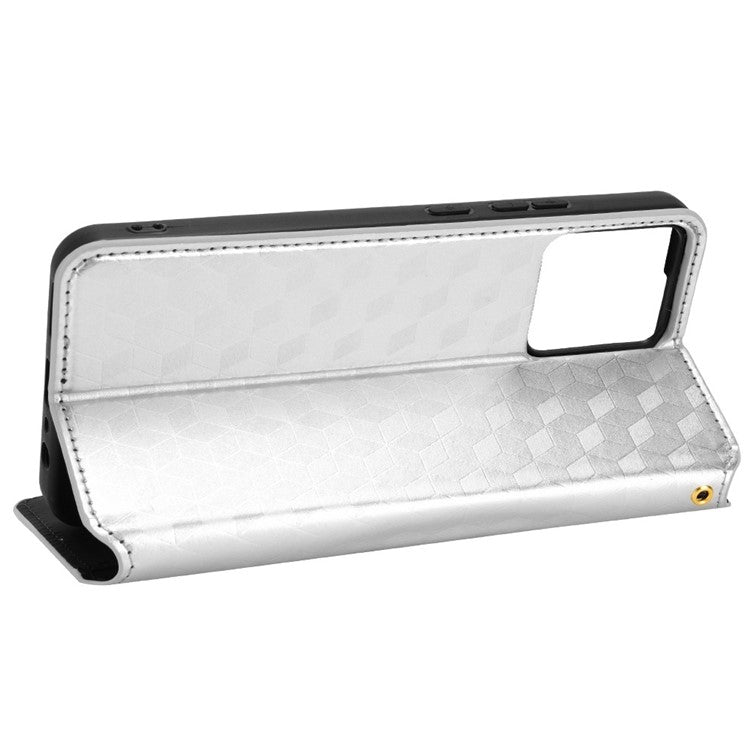 For Realme C30 4G Magnetic Auto-absorbed Stand Wallet Phone Case PU Leather Imprinting Rhombus Pattern Inner TPU Cover - Silver