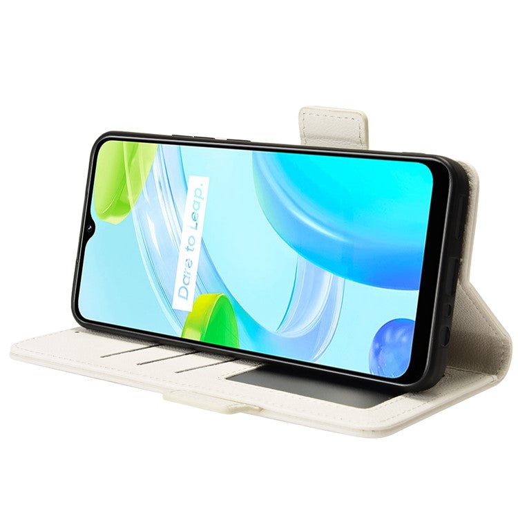 Litchi Texture PU Leather Case for Realme C30 4G, Side Magnetic Clasp Wallet Stand Protective Phone Cover - White