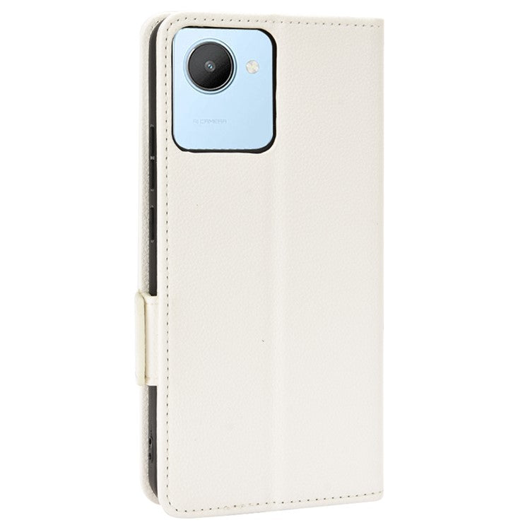 Litchi Texture PU Leather Case for Realme C30 4G, Side Magnetic Clasp Wallet Stand Protective Phone Cover - White